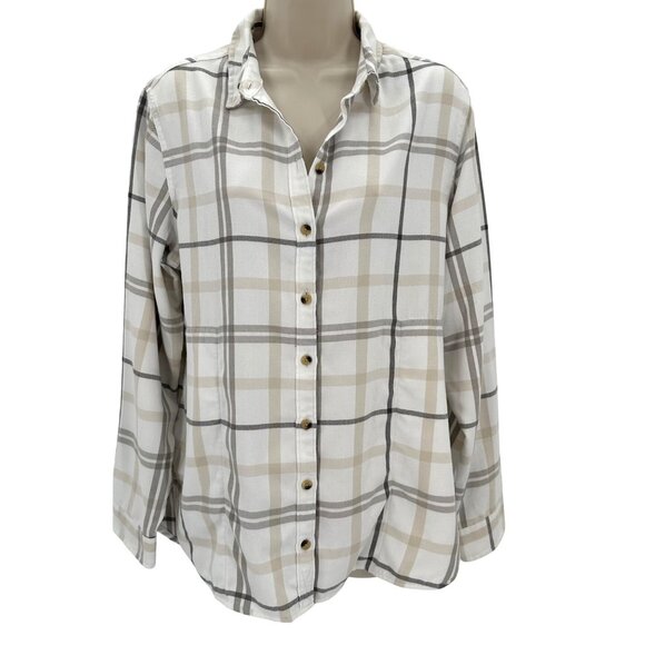 Jachs Girlfriend Womens Cream Plaid Button-Down Shirt Size M Rayon/Polyester - Picture 1 of 8